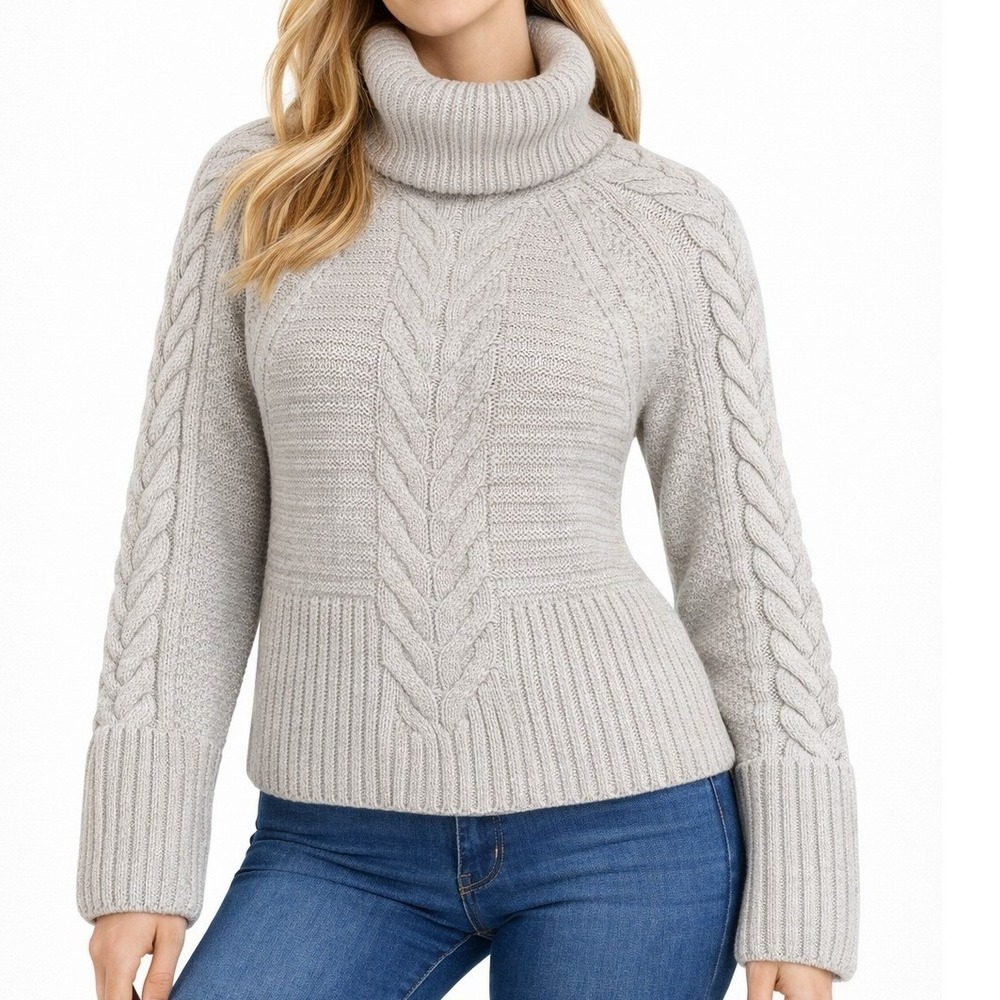 Express SMALL Turtleneck Cable Knit Sweater Womens Grey Chunky‎ Wool Blend